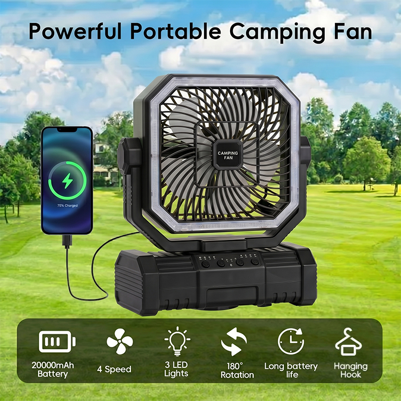 Outdoor Camping House - 20000mAh Camping-Deckenventilator, wiederaufladbar, batteriebetrieben, tragbarer Ventilator